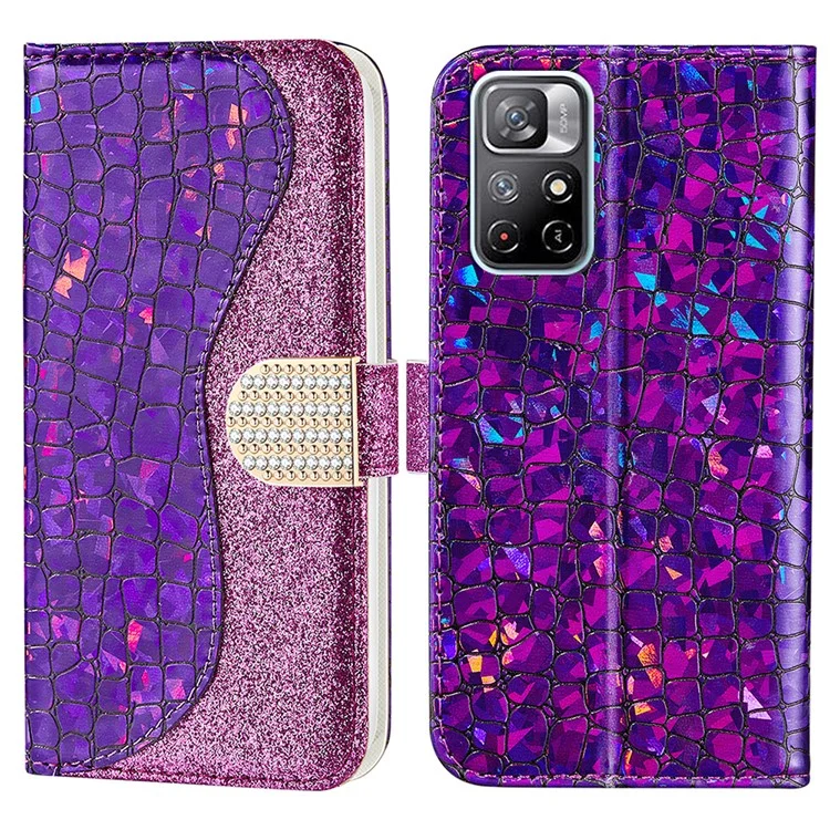 Crocodile Texture Glittery Powder Shockproof TPU+PU Leather Stand Wallet Case for Xiaomi Redmi Note 11 5G (China) (MediaTek)/Redmi Note 11T 5G/Redmi Note 11S 5G - Purple