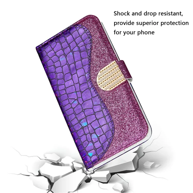 Crocodile Texture Glittery Powder Shockproof TPU+PU Leather Stand Wallet Case for Xiaomi Redmi Note 11 5G (China) (MediaTek)/Redmi Note 11T 5G/Redmi Note 11S 5G - Purple