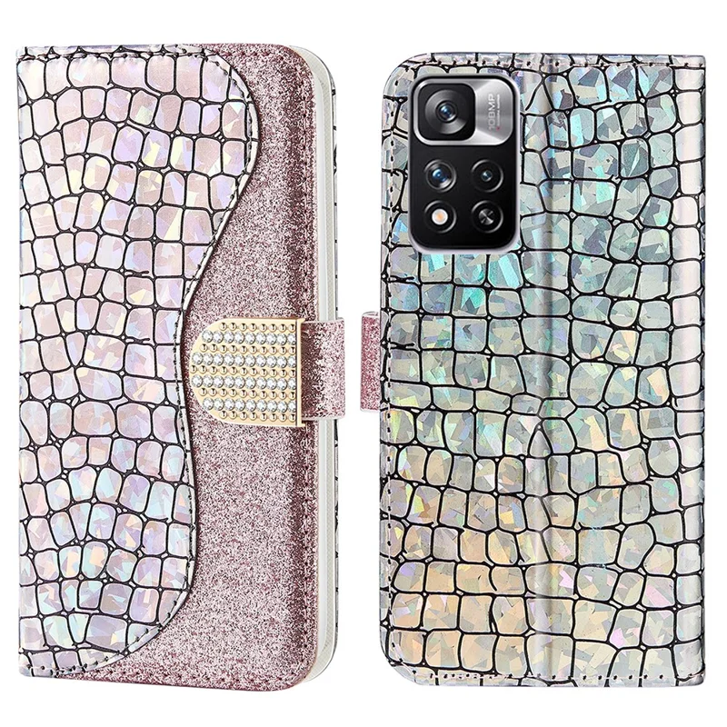 Bling Design Crocodile Texture Glittery Powder Shockproof TPU+PU Leather Stand Wallet Case for Xiaomi Redmi Note 11 Pro 5G (China) (MediaTek)/Note 11 Pro+ 5G - Rose Gold