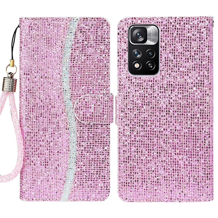 Suporte Para o Telefone Stand Covering Shell PU Couro pó Brilhante pó de Pulsa Prática Caixa de Telefone de Carteira Elegante Para Xiaomi Redmi Note 11 Pro 5G (China) (mediatek)/nota 11 Pro+ 5g - Rosa
