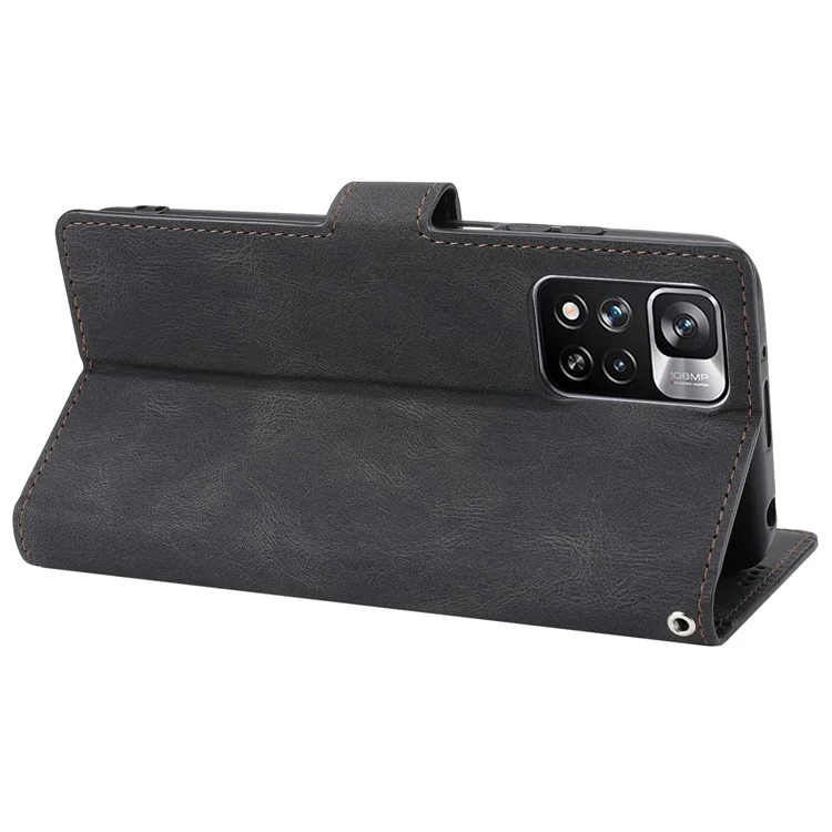 Magnetic Classic Style PU Leather Wallet Case Stand Anti-Scratch Full Protective Phone Cover with Strap for Xiaomi Redmi Note 11 Pro 5G (China) (MediaTek)/Note 11 Pro+ 5G - Black