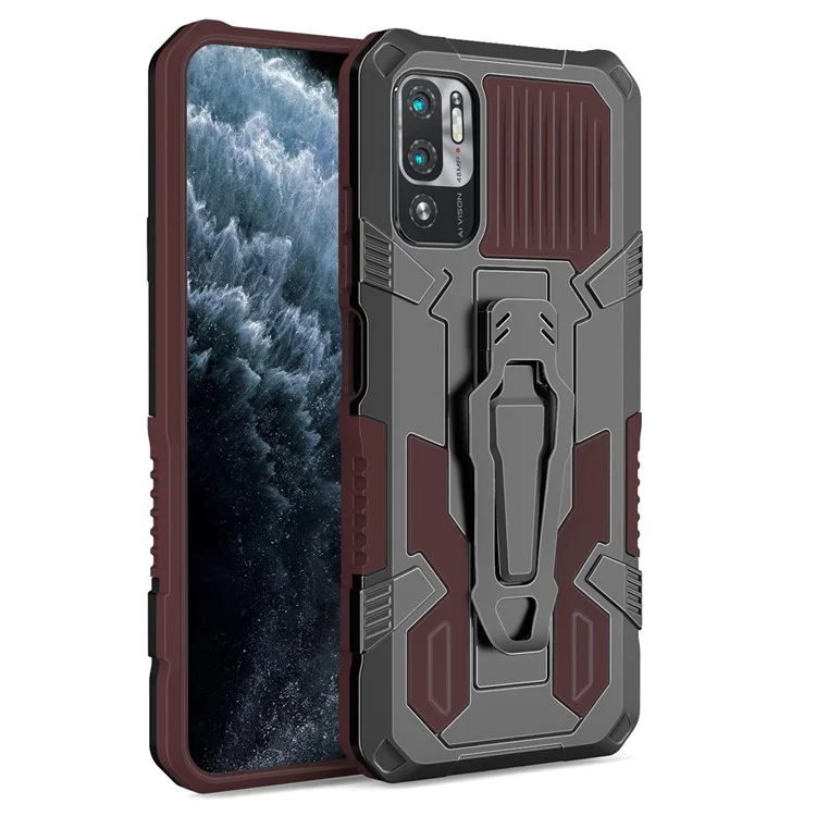 PC + TPU Phone Protective Case + Magnetic Metal Plate Back Clip Kickstand Design Anti-Drop Hybrid Cover for Xiaomi Redmi Note 10 5G/Note 10T 5G/Poco M3 Pro 4G/5G - Coffee