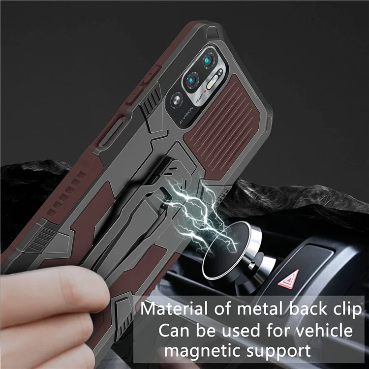 PC + TPU Phone Protective Case + Magnetic Metal Plate Back Clip Kickstand Design Anti-Drop Hybrid Cover for Xiaomi Redmi Note 10 5G/Note 10T 5G/Poco M3 Pro 4G/5G - Coffee