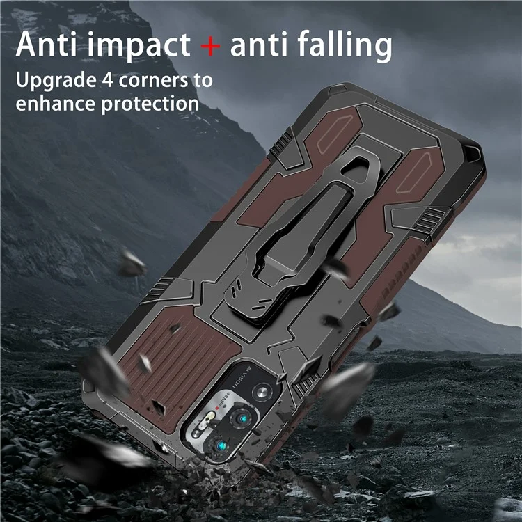 PC + TPU Phone Protective Case + Magnetic Metal Plate Back Clip Kickstand Design Anti-Drop Hybrid Cover for Xiaomi Redmi Note 10 5G/Note 10T 5G/Poco M3 Pro 4G/5G - Coffee