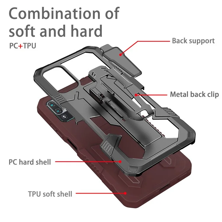 PC + TPU Phone Protective Case + Magnetic Metal Plate Back Clip Kickstand Design Anti-Drop Hybrid Cover for Xiaomi Redmi Note 10 5G/Note 10T 5G/Poco M3 Pro 4G/5G - Coffee