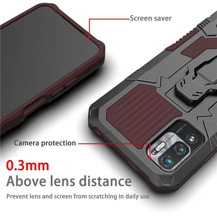 PC + TPU Phone Protective Case + Magnetic Metal Plate Back Clip Kickstand Design Anti-Drop Hybrid Cover for Xiaomi Redmi Note 10 5G/Note 10T 5G/Poco M3 Pro 4G/5G - Coffee