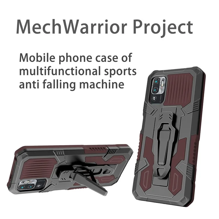 PC + TPU Phone Protective Case + Magnetic Metal Plate Back Clip Kickstand Design Anti-Drop Hybrid Cover for Xiaomi Redmi Note 10 5G/Note 10T 5G/Poco M3 Pro 4G/5G - Coffee