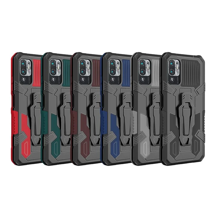 PC + TPU Phone Protective Case + Magnetic Metal Plate Back Clip Kickstand Design Anti-Drop Hybrid Cover for Xiaomi Redmi Note 10 5G/Note 10T 5G/Poco M3 Pro 4G/5G - Coffee