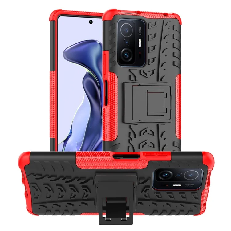 Proteção Contra Queda de Textura do Pneu Frio TPU Macio + Capa de Telefone Híbrida de PC Rígido Para Xiaomi 11t/11t Pro - Vermelho