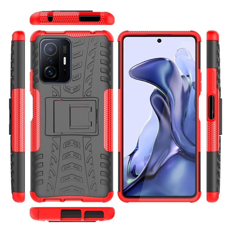 Texture de Pneu Cool Protection D'automne Soft TPU + Hard PC Hybrid Phone Case Pour Xiaomi 11t / 11t Pro - Rouge