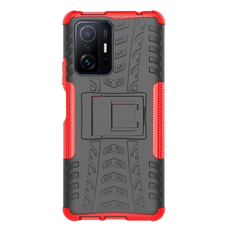 Proteção Contra Queda de Textura do Pneu Frio TPU Macio + Capa de Telefone Híbrida de PC Rígido Para Xiaomi 11t/11t Pro - Vermelho