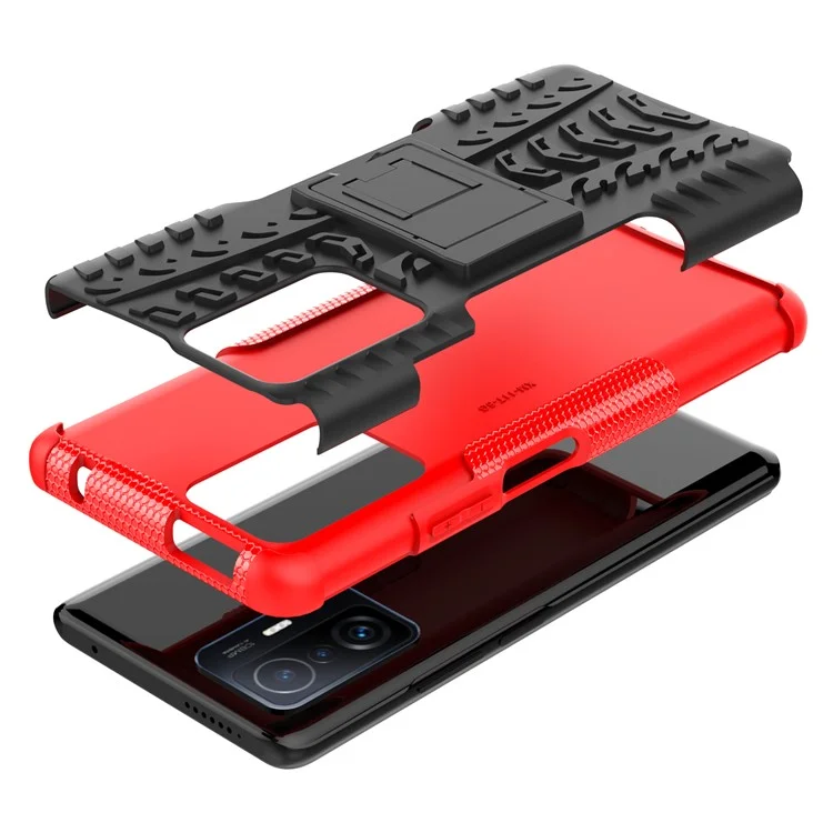 Proteção Contra Queda de Textura do Pneu Frio TPU Macio + Capa de Telefone Híbrida de PC Rígido Para Xiaomi 11t/11t Pro - Vermelho