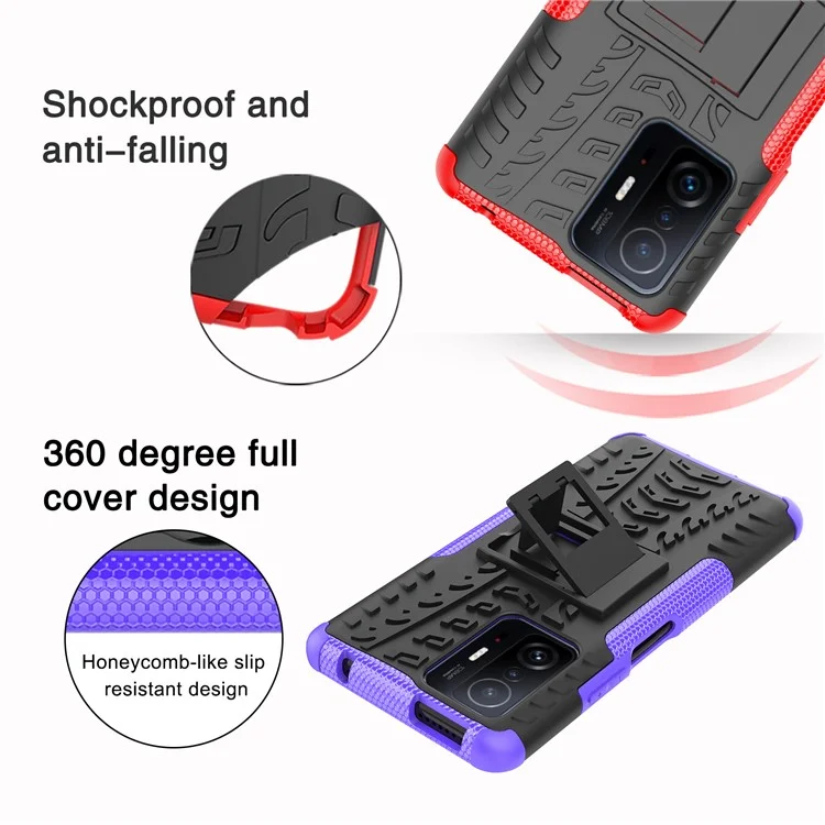 Proteção Contra Queda de Textura do Pneu Frio TPU Macio + Capa de Telefone Híbrida de PC Rígido Para Xiaomi 11t/11t Pro - Vermelho