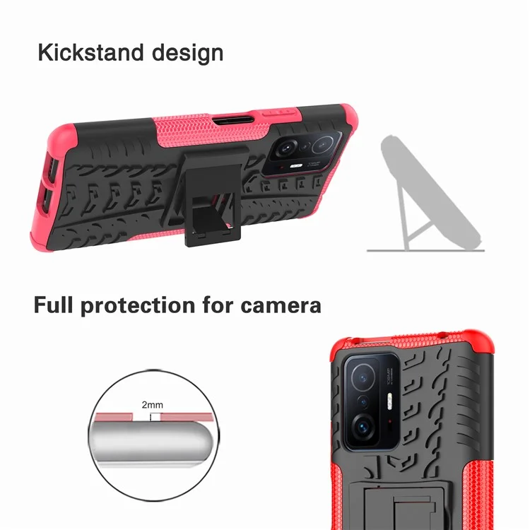 Cool Tire Texture Fall Protection Soft TPU + Hard PC Hybrid Phone Case for Xiaomi 11T/11T Pro - Red