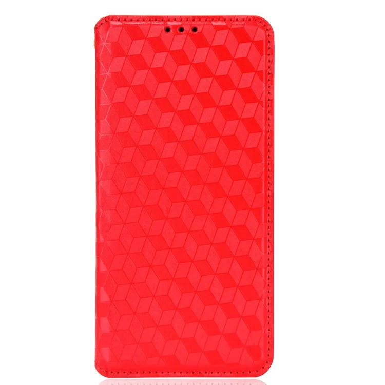 Складная Подставка 3D ROMBUS Pattern Auto Closure Магнитный Кожаный Чехол Для Кошелька Cover Cover Для Xiaomi Redmi 9a / Redmi 9at / Redmi 9i - Красный