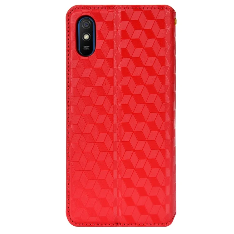 Складная Подставка 3D ROMBUS Pattern Auto Closure Магнитный Кожаный Чехол Для Кошелька Cover Cover Для Xiaomi Redmi 9a / Redmi 9at / Redmi 9i - Красный