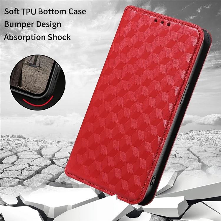 Складная Подставка 3D ROMBUS Pattern Auto Closure Магнитный Кожаный Чехол Для Кошелька Cover Cover Для Xiaomi Redmi 9a / Redmi 9at / Redmi 9i - Красный