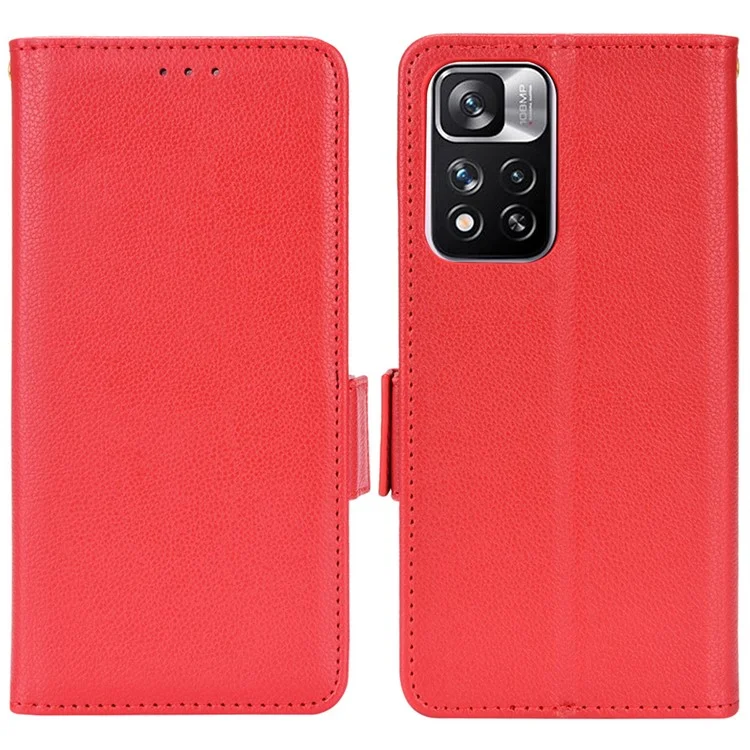 Función de Soporte Litchi Textura PU Case de Billetera de Cuero Doble Magnético Doble Flip Cubierta Para Xiaomi Redmi Nota 11 Pro+ 5G/Redmi Note 11 Pro 5G (China) (MediaTek) - Rojo