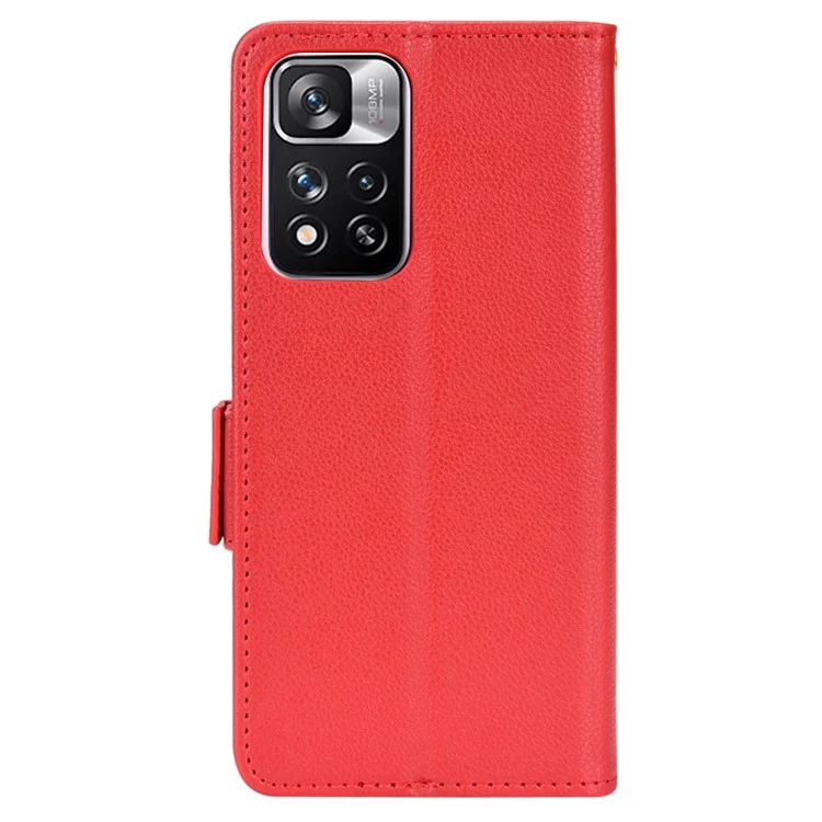 Función de Soporte Litchi Textura PU Case de Billetera de Cuero Doble Magnético Doble Flip Cubierta Para Xiaomi Redmi Nota 11 Pro+ 5G/Redmi Note 11 Pro 5G (China) (MediaTek) - Rojo
