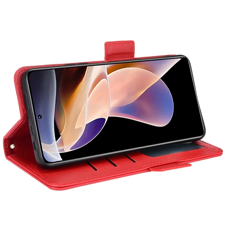 Función de Soporte Litchi Textura PU Case de Billetera de Cuero Doble Magnético Doble Flip Cubierta Para Xiaomi Redmi Nota 11 Pro+ 5G/Redmi Note 11 Pro 5G (China) (MediaTek) - Rojo