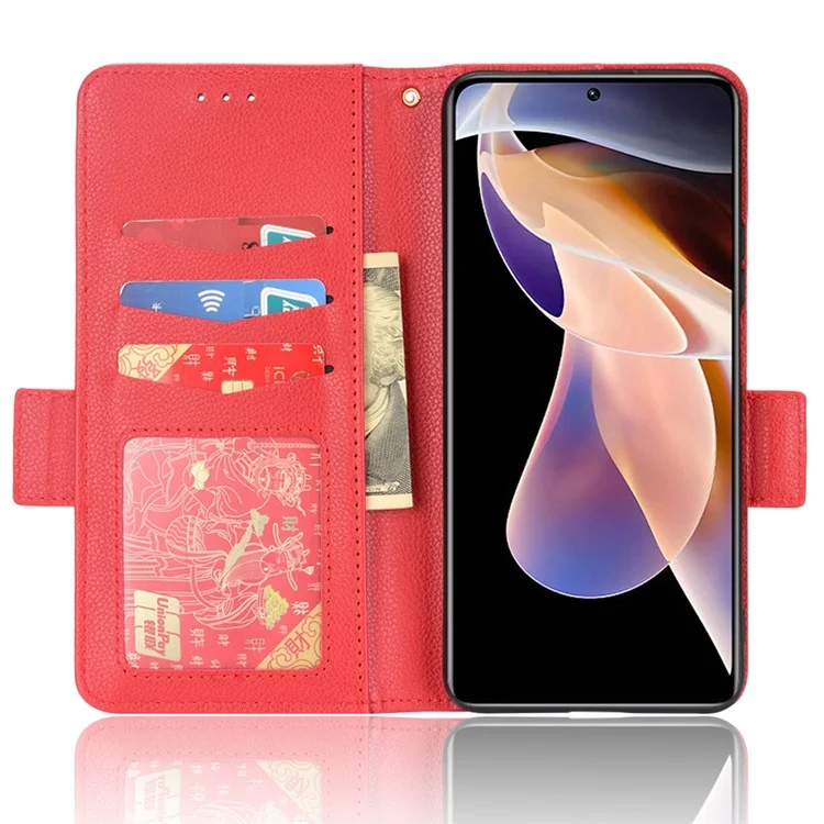 Función de Soporte Litchi Textura PU Case de Billetera de Cuero Doble Magnético Doble Flip Cubierta Para Xiaomi Redmi Nota 11 Pro+ 5G/Redmi Note 11 Pro 5G (China) (MediaTek) - Rojo