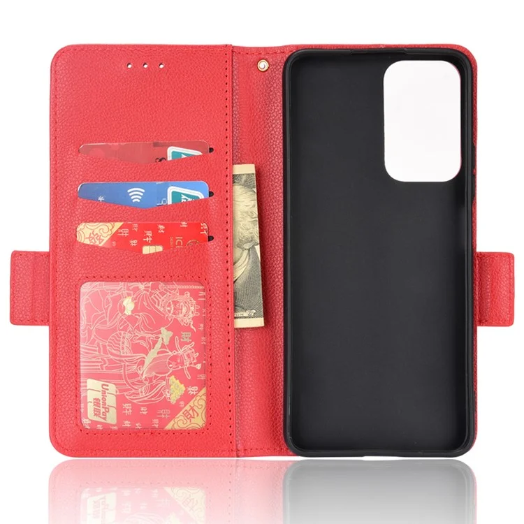 Función de Soporte Litchi Textura PU Case de Billetera de Cuero Doble Magnético Doble Flip Cubierta Para Xiaomi Redmi Nota 11 Pro+ 5G/Redmi Note 11 Pro 5G (China) (MediaTek) - Rojo