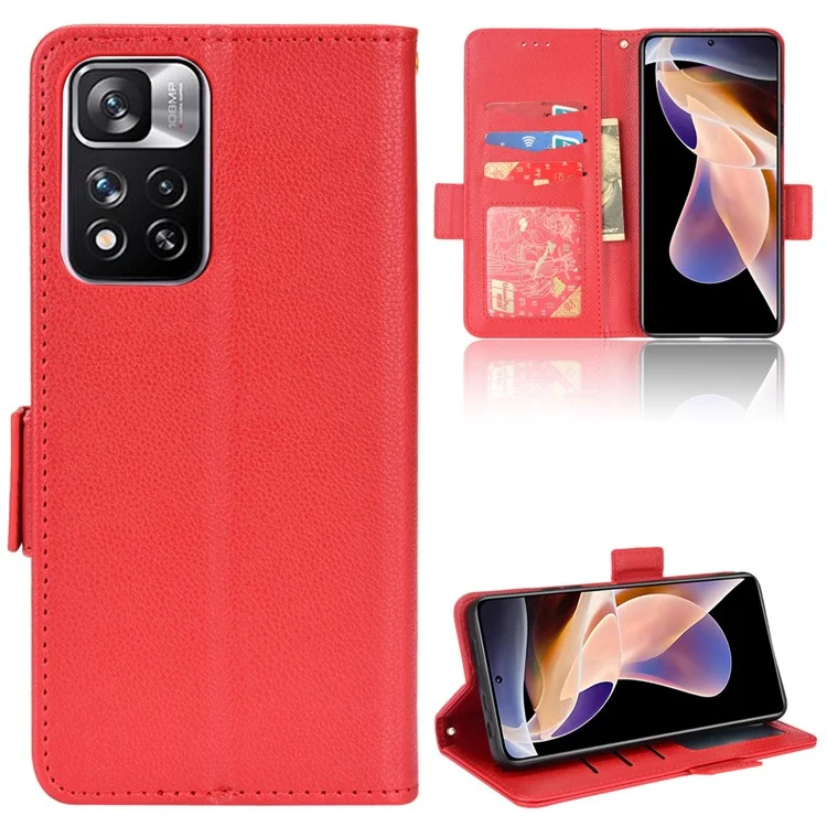 Función de Soporte Litchi Textura PU Case de Billetera de Cuero Doble Magnético Doble Flip Cubierta Para Xiaomi Redmi Nota 11 Pro+ 5G/Redmi Note 11 Pro 5G (China) (MediaTek) - Rojo