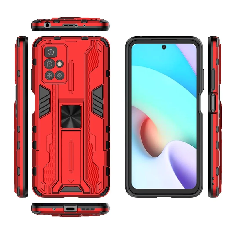 Hybrid Shockproof Heavy Duty Combo Hard PC Soft TPU Protective Case with Kickstand for Xiaomi Redmi Note 11 4G (MediaTek)/Redmi 10 4G (2021)/Redmi 10 2022 4G - Red