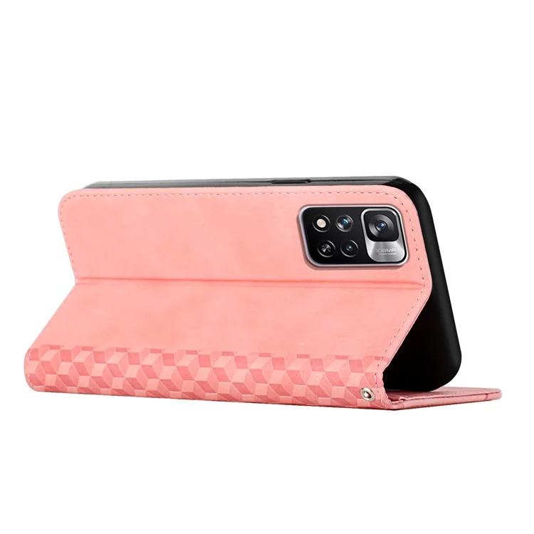 Auto-absorbed Magnetic Closing Rhombus Motif de Motif Couverture de Téléphone en Cuir à Tacs à Tacs à Tacs Avec Support Pour Xiaomi Redmi Note 11 Pro 5G (chine) (mediatek) / Redmi Note 11 Pro + 5G - or Rose