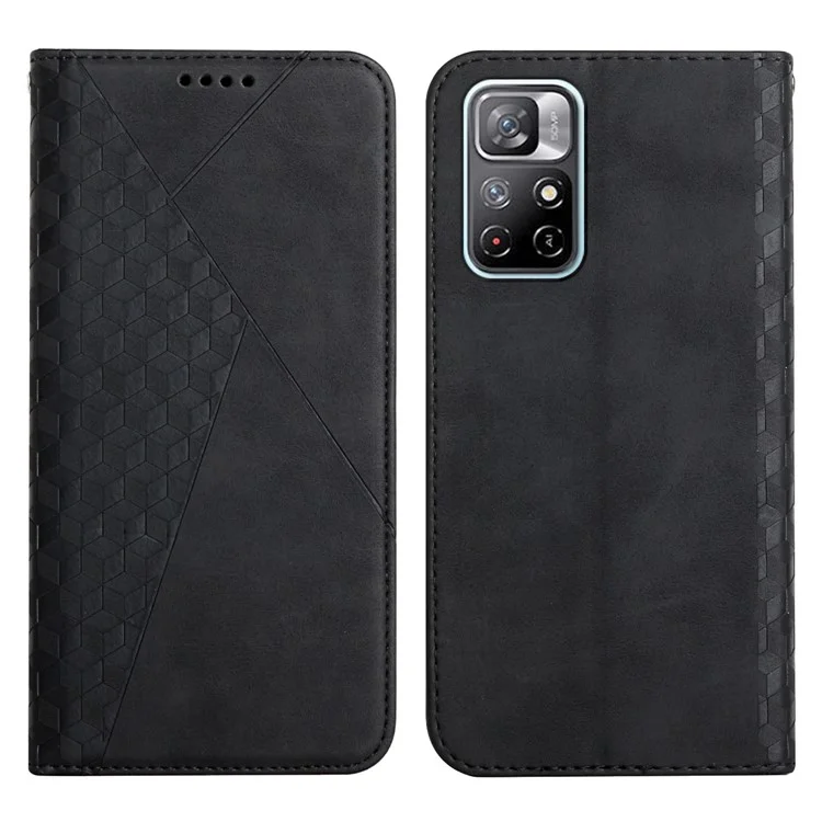 Automatisch Absorbiertes Magnetisches Schließen Des Rhombus-muster-schutzhülses Fingerabdruck-bestehender Haut-touch-leder-telefonabdeckung Mit Ständer Für Xiaomi Redmi Note 11 5G (China) (mediatek)/redmi Note 11t 5G/Redmi Note 11s 5G - Schwarz