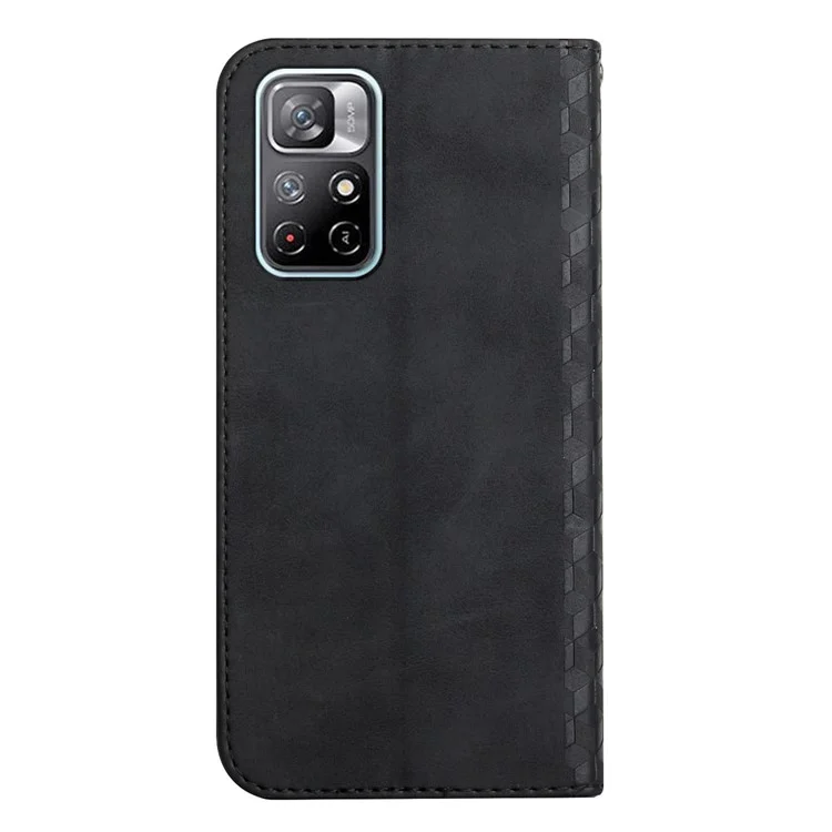 Automatisch Absorbiertes Magnetisches Schließen Des Rhombus-muster-schutzhülses Fingerabdruck-bestehender Haut-touch-leder-telefonabdeckung Mit Ständer Für Xiaomi Redmi Note 11 5G (China) (mediatek)/redmi Note 11t 5G/Redmi Note 11s 5G - Schwarz