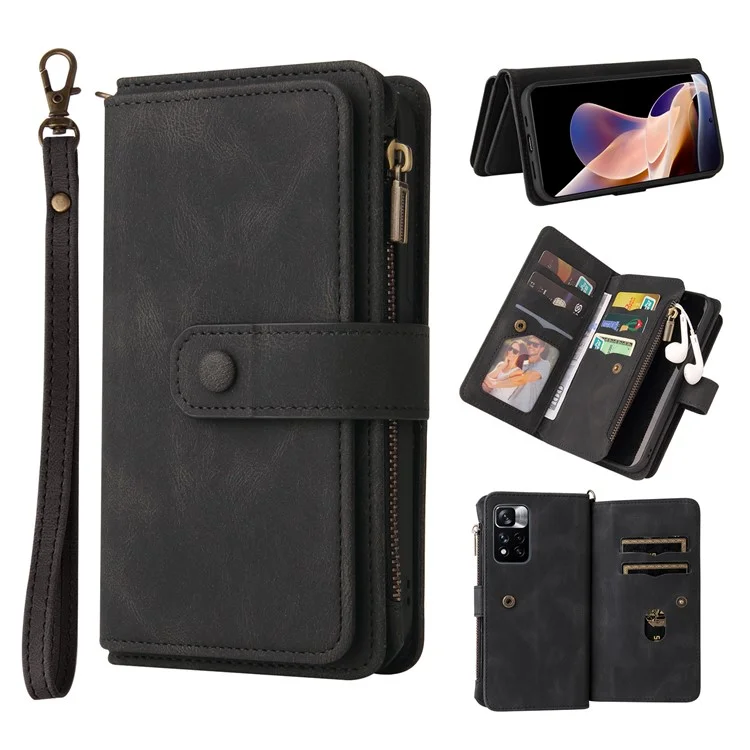 For Xiaomi Redmi Note 11 Pro 5G (China) (Mediatek) / Note 11 Pro+ 5G Zipper Wallet Case with 15 Card Slots and Strap Leather Phone Cover - Black