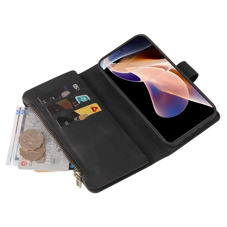 For Xiaomi Redmi Note 11 Pro 5G (China) (Mediatek) / Note 11 Pro+ 5G Zipper Wallet Case with 15 Card Slots and Strap Leather Phone Cover - Black
