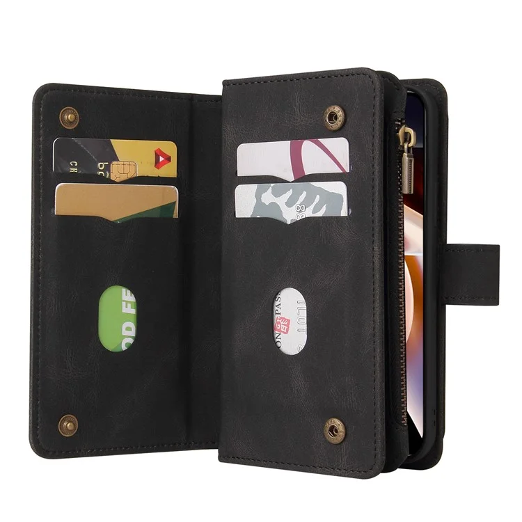 For Xiaomi Redmi Note 11 Pro 5G (China) (Mediatek) / Note 11 Pro+ 5G Zipper Wallet Case with 15 Card Slots and Strap Leather Phone Cover - Black