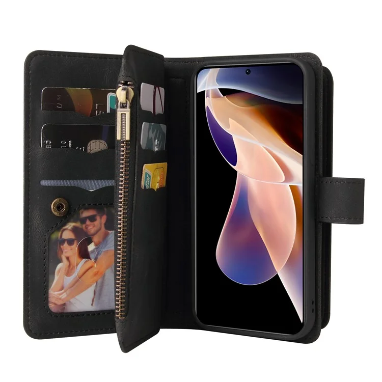 For Xiaomi Redmi Note 11 Pro 5G (China) (Mediatek) / Note 11 Pro+ 5G Zipper Wallet Case with 15 Card Slots and Strap Leather Phone Cover - Black