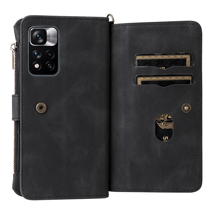 For Xiaomi Redmi Note 11 Pro 5G (China) (Mediatek) / Note 11 Pro+ 5G Zipper Wallet Case with 15 Card Slots and Strap Leather Phone Cover - Black