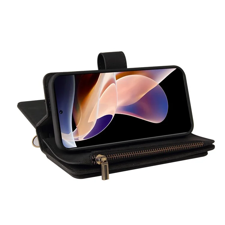 For Xiaomi Redmi Note 11 Pro 5G (China) (Mediatek) / Note 11 Pro+ 5G Zipper Wallet Case with 15 Card Slots and Strap Leather Phone Cover - Black