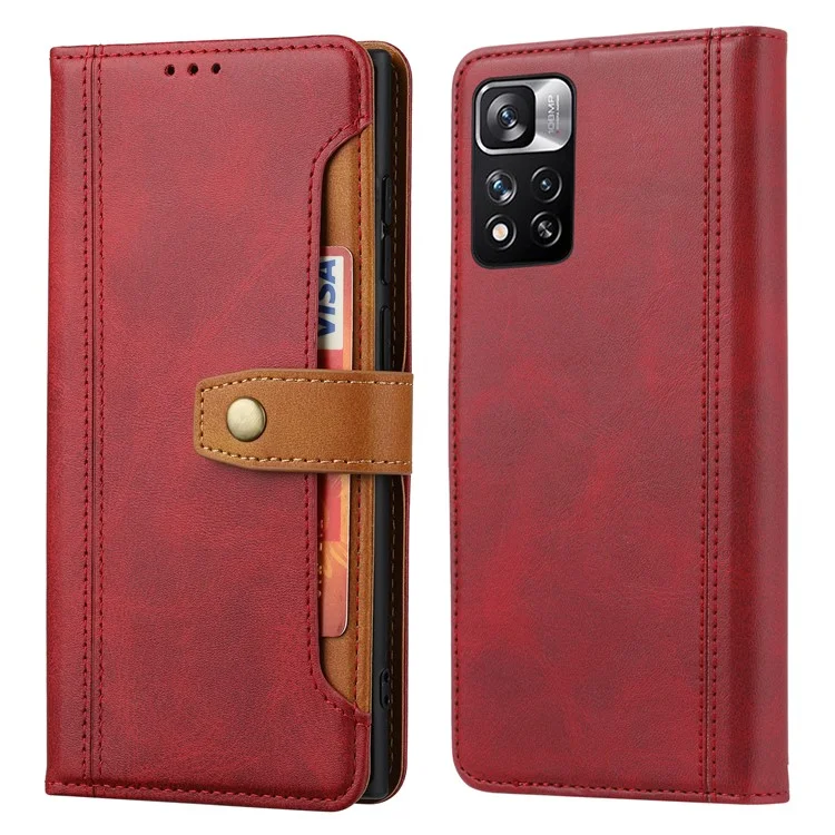 Conception de la Carte Avant de Style Commercial Texturé Soft Inner TPU Case + pu Leather Phone Cover Pour Xiaomi Redmi Note 11 5G (chine) (mediatek) / Redmi Note 11T 5G / Redmi Note 11S 5G - Rouge
