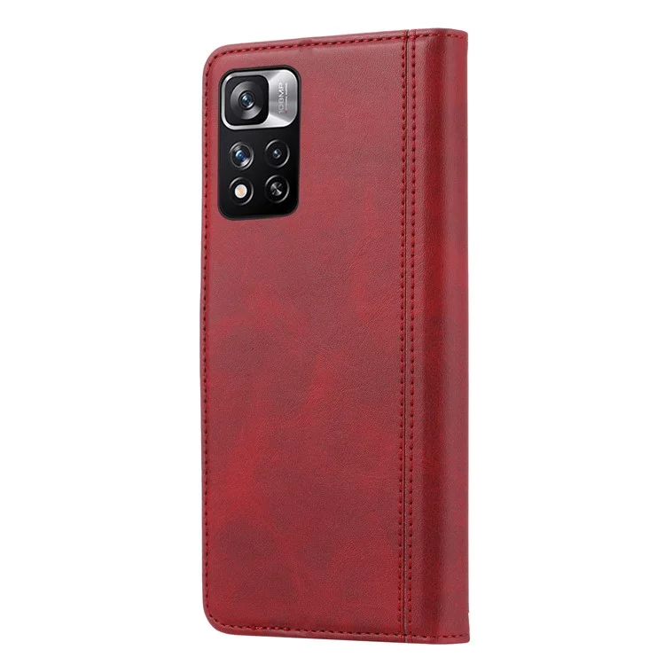 Conception de la Carte Avant de Style Commercial Texturé Soft Inner TPU Case + pu Leather Phone Cover Pour Xiaomi Redmi Note 11 5G (chine) (mediatek) / Redmi Note 11T 5G / Redmi Note 11S 5G - Rouge
