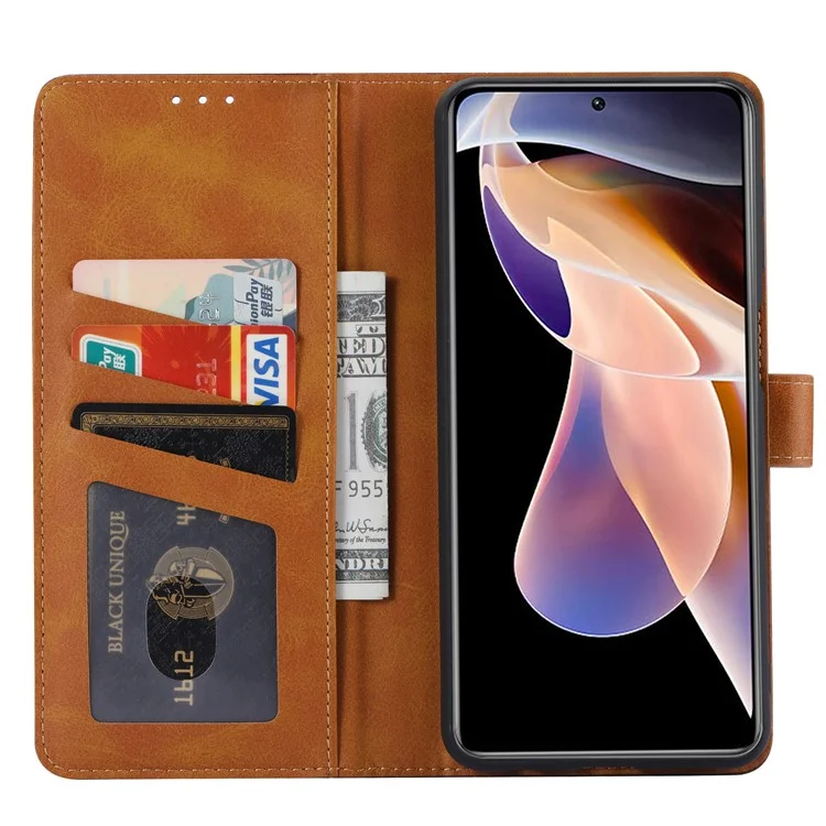 Conception de la Carte Avant de Style Commercial Texturé Soft Inner TPU Case + pu Leather Phone Cover Pour Xiaomi Redmi Note 11 5G (chine) (mediatek) / Redmi Note 11T 5G / Redmi Note 11S 5G - Rouge