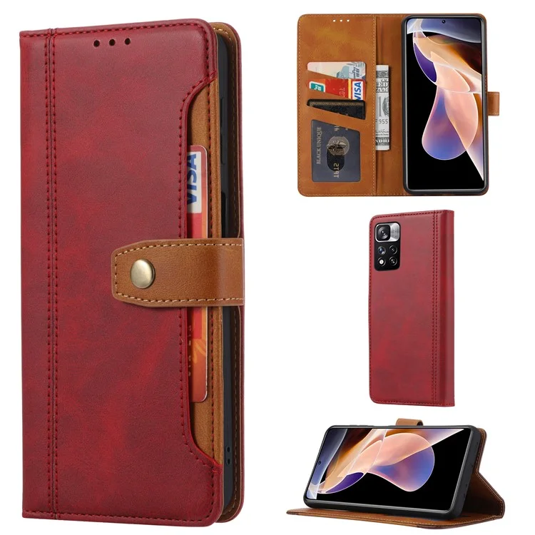 Conception de la Carte Avant de Style Commercial Texturé Soft Inner TPU Case + pu Leather Phone Cover Pour Xiaomi Redmi Note 11 5G (chine) (mediatek) / Redmi Note 11T 5G / Redmi Note 11S 5G - Rouge
