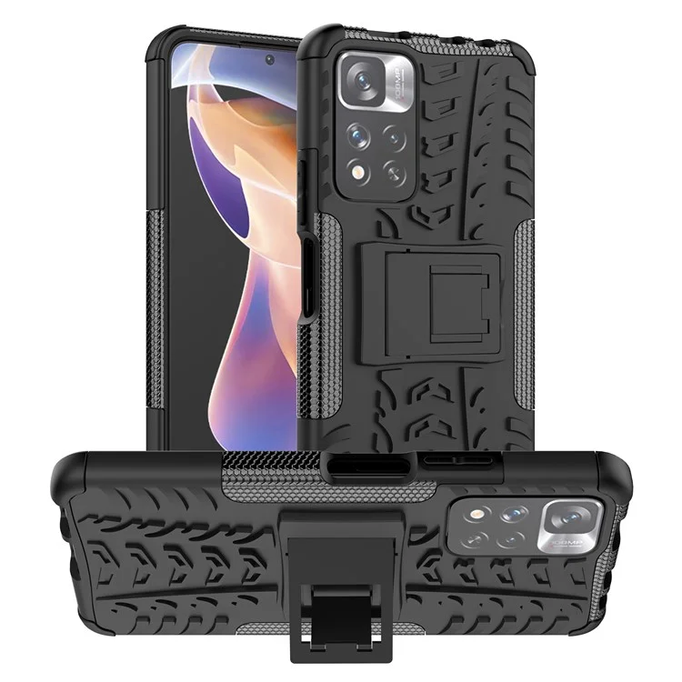 Tire Texture Shock-resistant PC + TPU Combo Dual Layer Protective Back Cover with Kickstand for Xiaomi Redmi Note 11 Pro+ 5G/Redmi Note 11 Pro 5G (China) (MediaTek) - Black