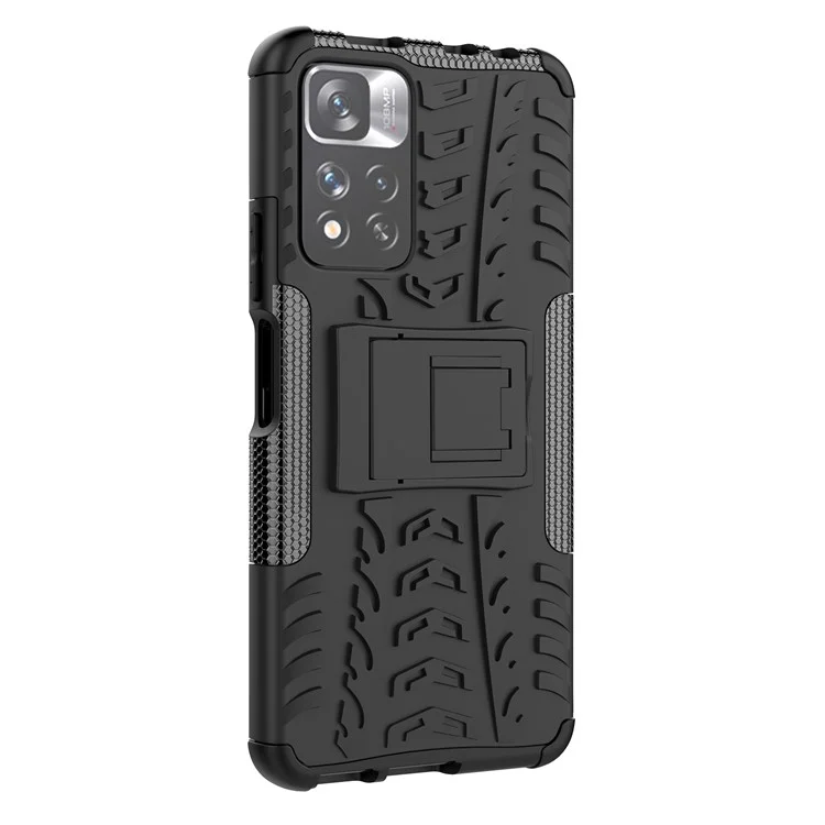 Tire Texture Shock-resistant PC + TPU Combo Dual Layer Protective Back Cover with Kickstand for Xiaomi Redmi Note 11 Pro+ 5G/Redmi Note 11 Pro 5G (China) (MediaTek) - Black