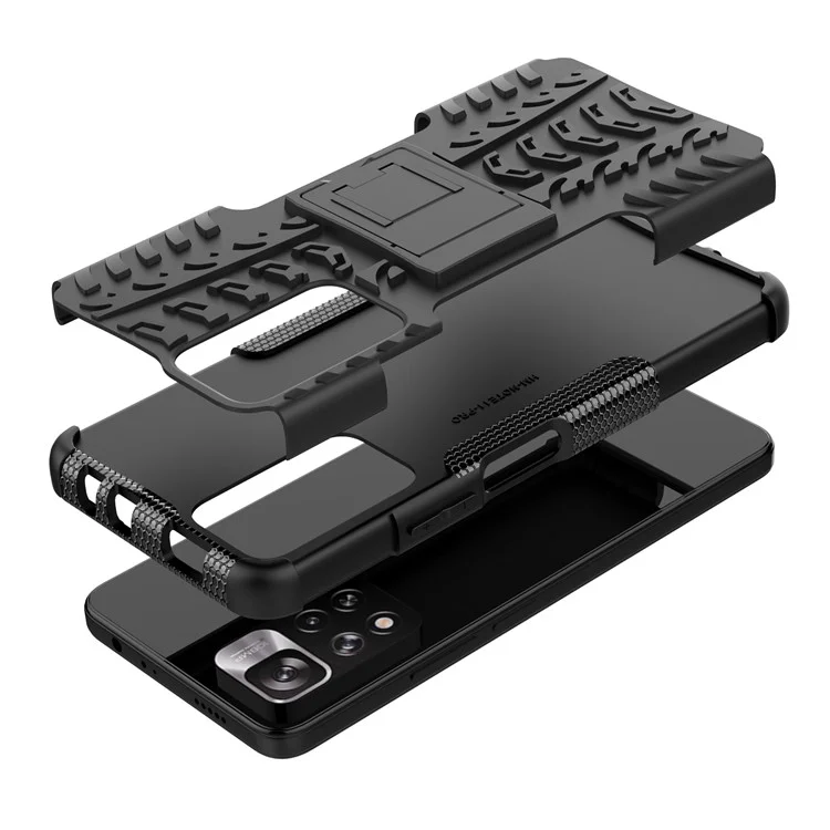 Tire Texture Shock-resistente PC + Tpu-kombination Dual Layer-schutzabdeckung Mit Kickstand Für Xiaomi Redmi Note 11 Pro + 5G/Redmi Note 11 Pro 5G (China) (mediatek) - Schwarz