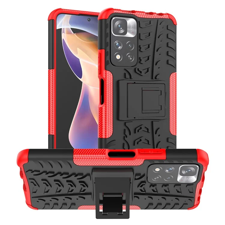 Texture de pneu Coque de protection arrière à double couche en PC résistant aux chocs + TPU avec support pour Xiaomi Redmi Note 11 Pro+ 5G/Redmi Note 11 Pro 5G (Chine) (MediaTek) - Rouge