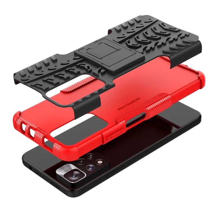 Texture de pneu Coque de protection arrière à double couche en PC résistant aux chocs + TPU avec support pour Xiaomi Redmi Note 11 Pro+ 5G/Redmi Note 11 Pro 5G (Chine) (MediaTek) - Rouge
