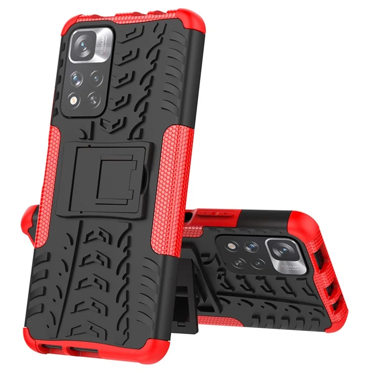 Texture de pneu Coque de protection arrière à double couche en PC résistant aux chocs + TPU avec support pour Xiaomi Redmi Note 11 Pro+ 5G/Redmi Note 11 Pro 5G (Chine) (MediaTek) - Rouge