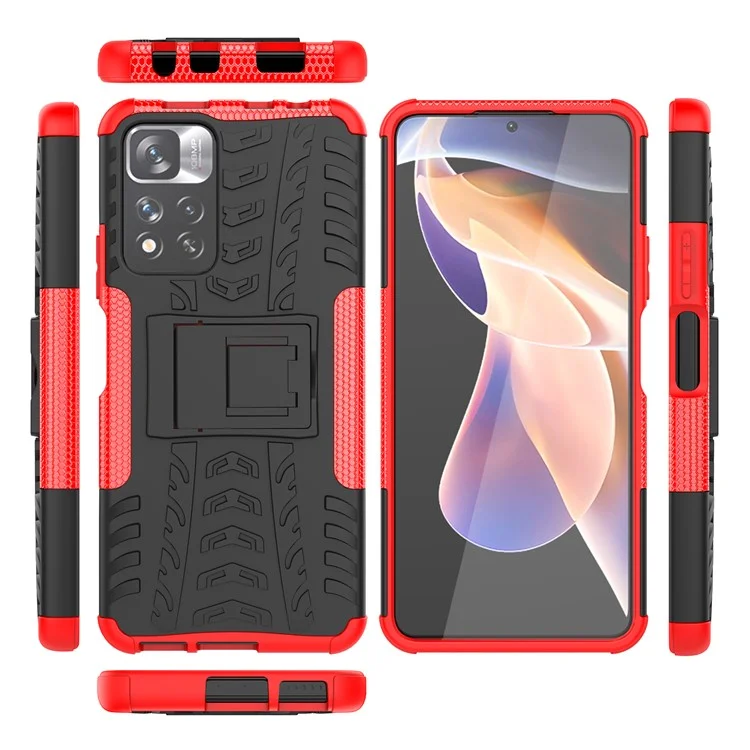 Texture de pneu Coque de protection arrière à double couche en PC résistant aux chocs + TPU avec support pour Xiaomi Redmi Note 11 Pro+ 5G/Redmi Note 11 Pro 5G (Chine) (MediaTek) - Rouge