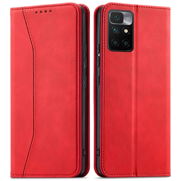 Double Edge-fold Sewing Design Case Automatic Closing Full Protection Leather Phone Cover for Xiaomi Redmi Note 11 4G (MediaTek)/Redmi 10 4G (2021)/Redmi 10 2022 4G/10 Prime - Red