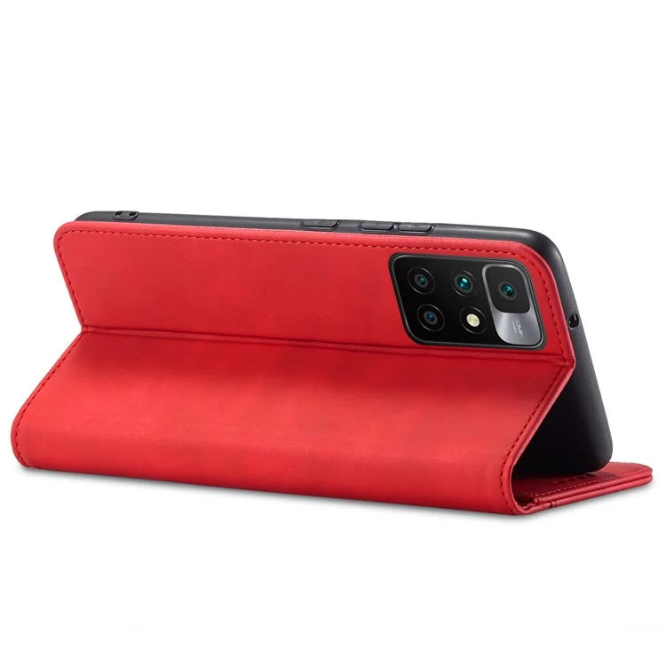 Double Edge-fold Sewing Design Case Automatic Closing Full Protection Leather Phone Cover for Xiaomi Redmi Note 11 4G (MediaTek)/Redmi 10 4G (2021)/Redmi 10 2022 4G/10 Prime - Red